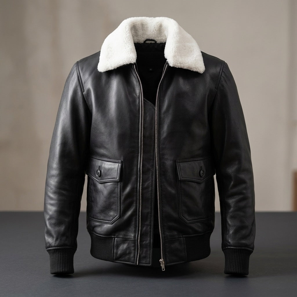 Shearling Collar Leather Bomber
