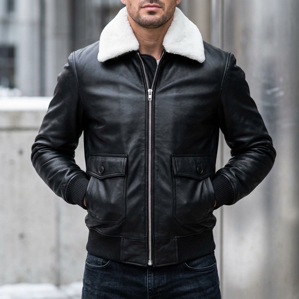 Shearling Collar Leather Bomber