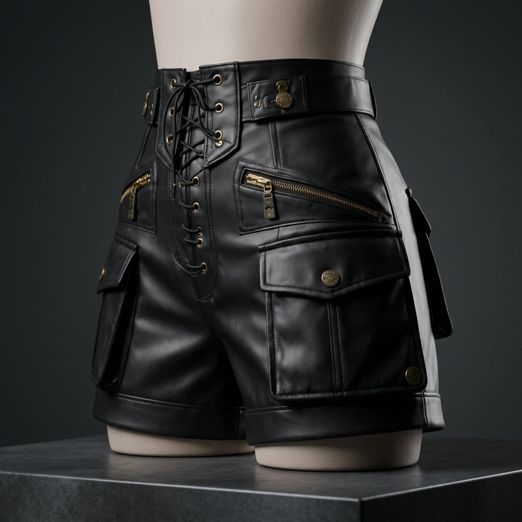 High-Waist Moto Cargo Shorts